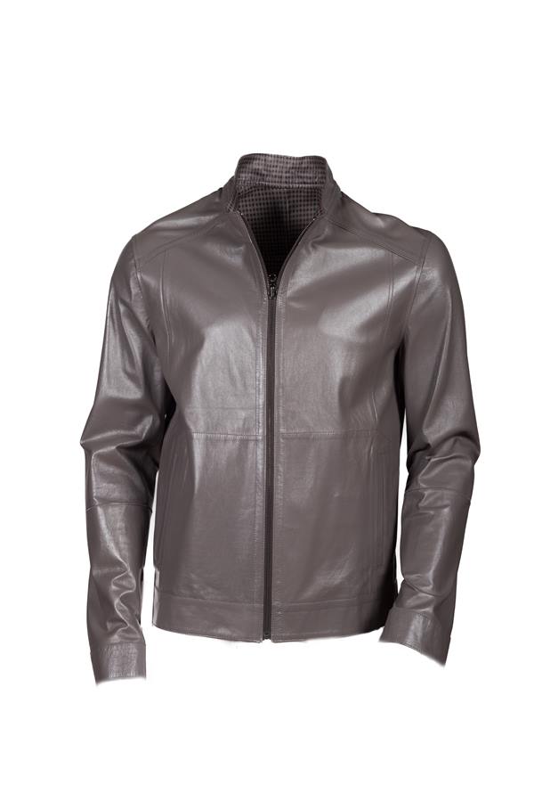 Men's Lining Square Print Zip Closure Leather Jacket - Ana Görsel