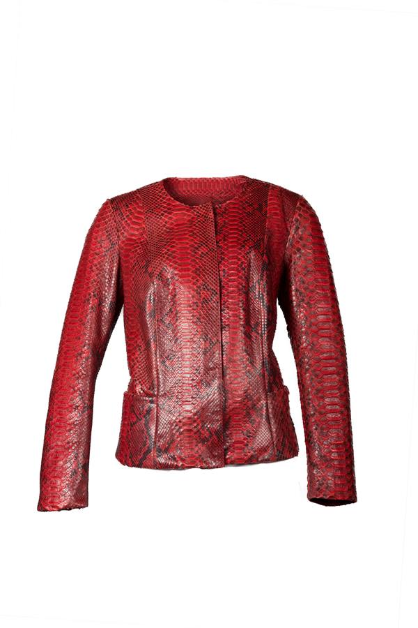 Women's Short Python Leather Jacket - Ana Görsel